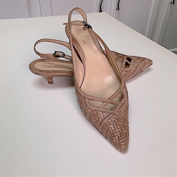 Cole Haan Shoes - Cole Haan Nanette tan woven pointed toe sling back kitten heel shoes